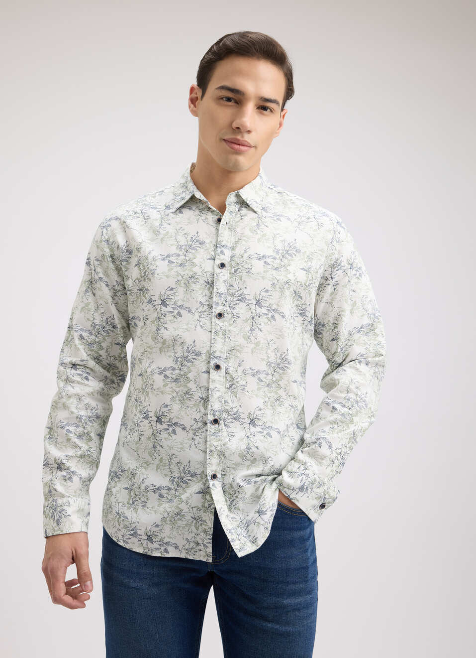 Men White Floral Print Full Sleeve Shirt, , large image number 1