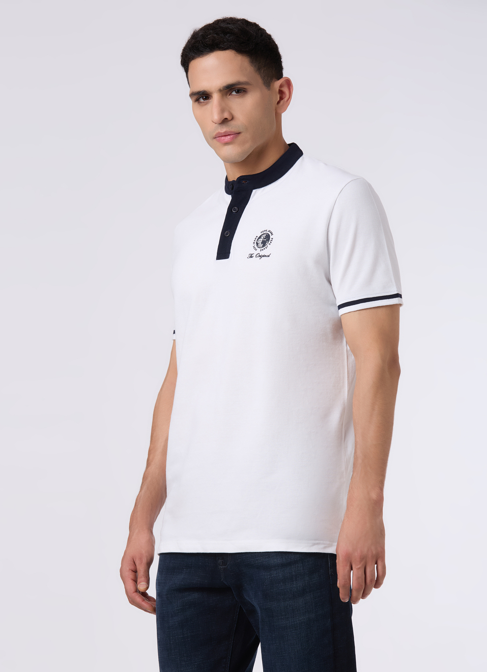 Men White Back Graphic Print Henley Collar Polo, , large image number 3