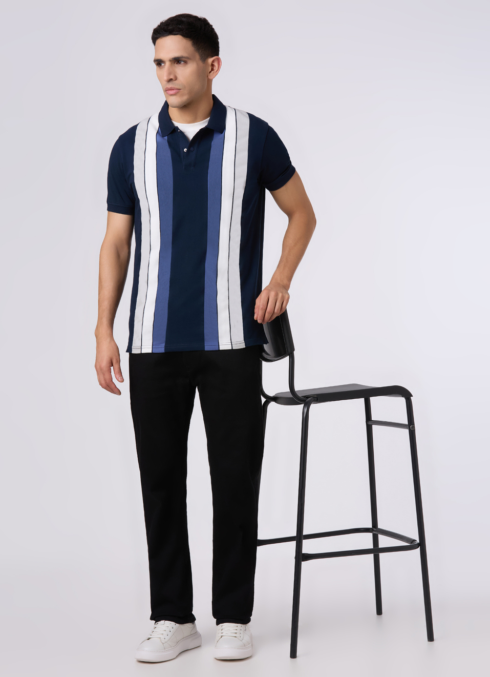 Men Navy Regular Fit Striped Polo, , large image number 5