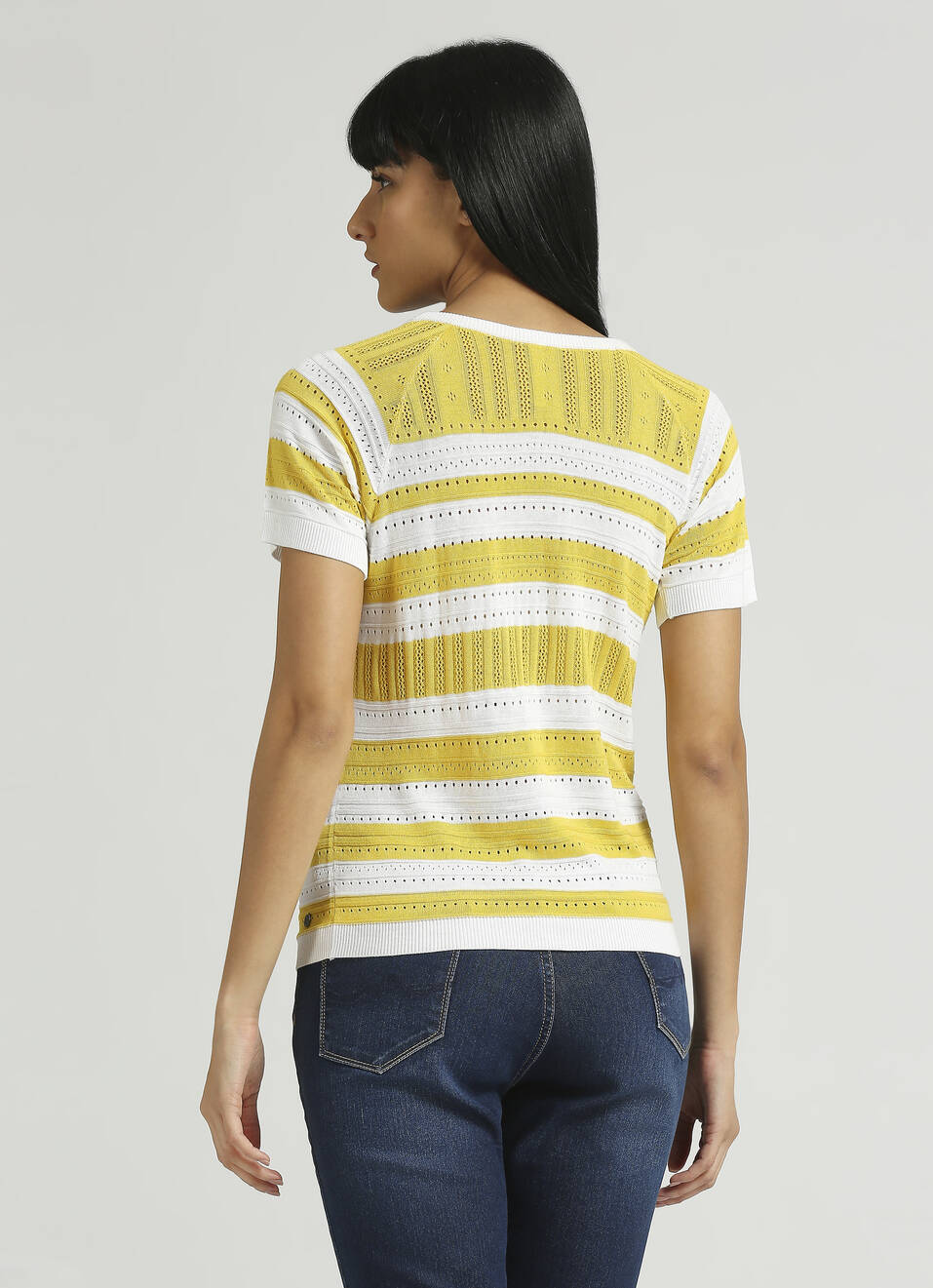 Yellow Stripes Self Design Flat Knit Top, , large image number 2