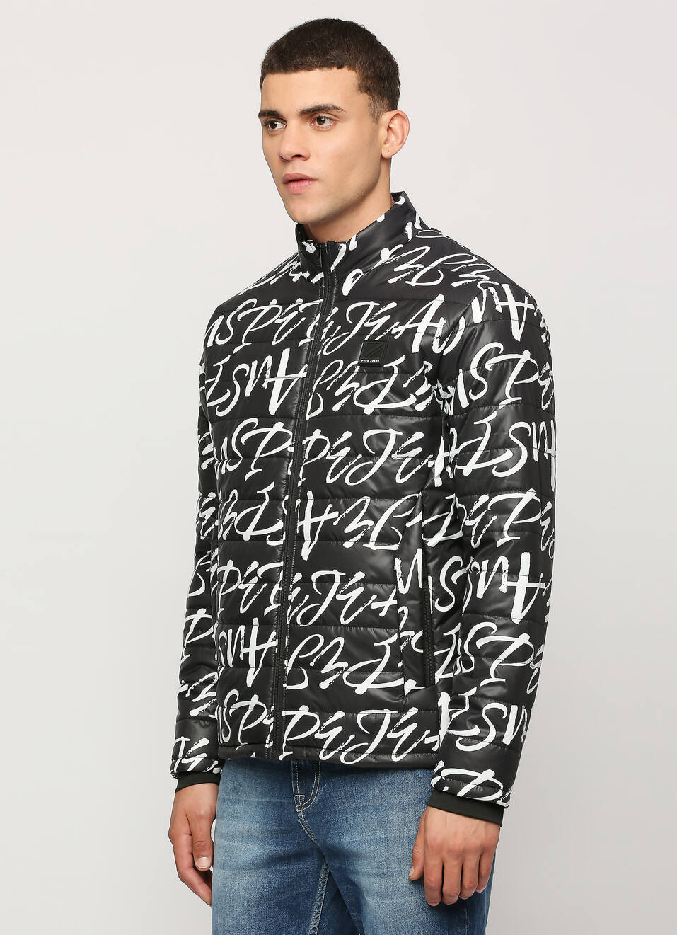 Black Typographic Printed Puffer Jacket, , large image number 3