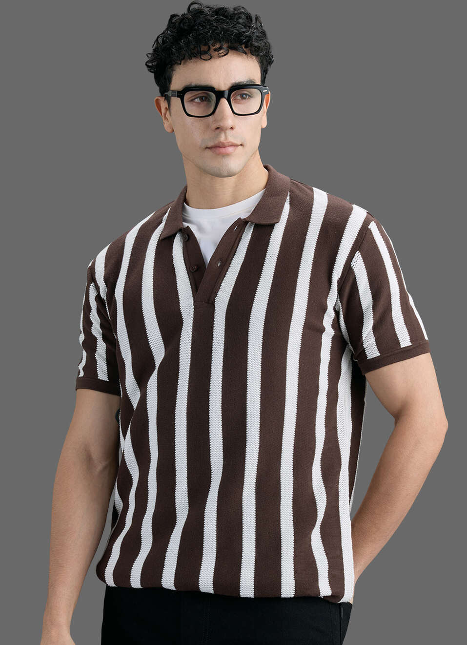 Men Brown Striped Flat Knit Polo Collar T-shirt, , large image number 0