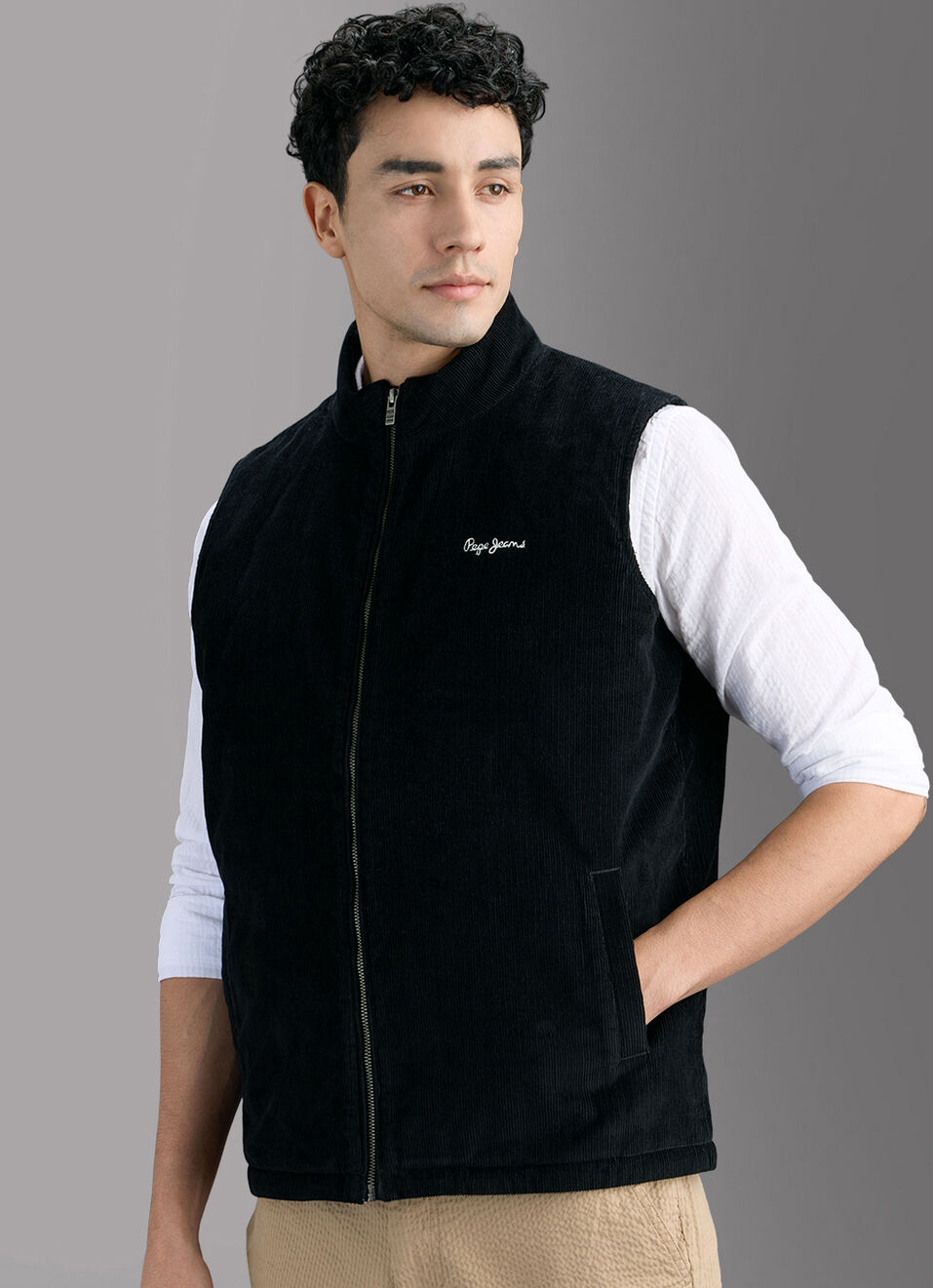 Men Beige Corduroy Sleeveless Gilet Jacket, , large image number 7