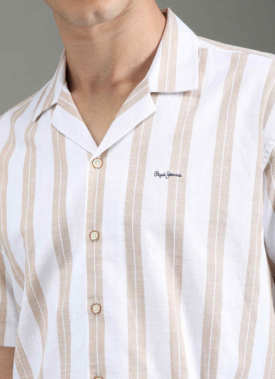 Men Beige Striped Resort Collar Shirt, , large image number 1