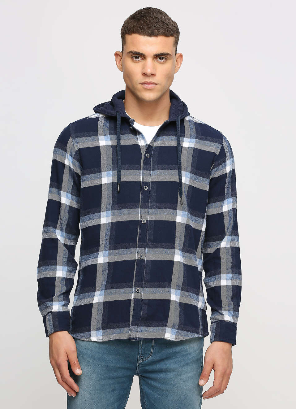Navy Checks Long Sleeve Hooded Shirt, , large image number 1