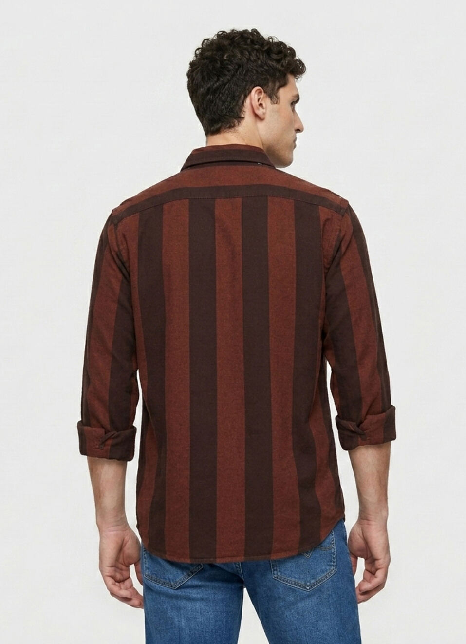 Men Wine Striped Brushed Long Sleeve Shirt, , large image number 2