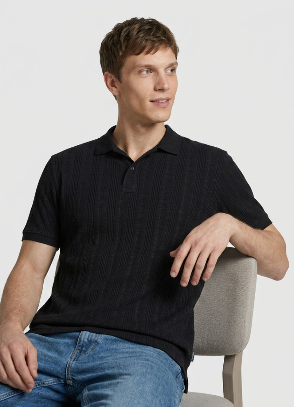 Men Black Striped Polo Collar T-shirt, , large image number 0