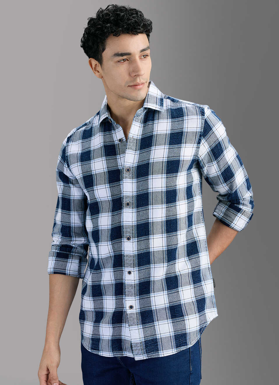 Men Navy Checked Shirt, , large image number 7
