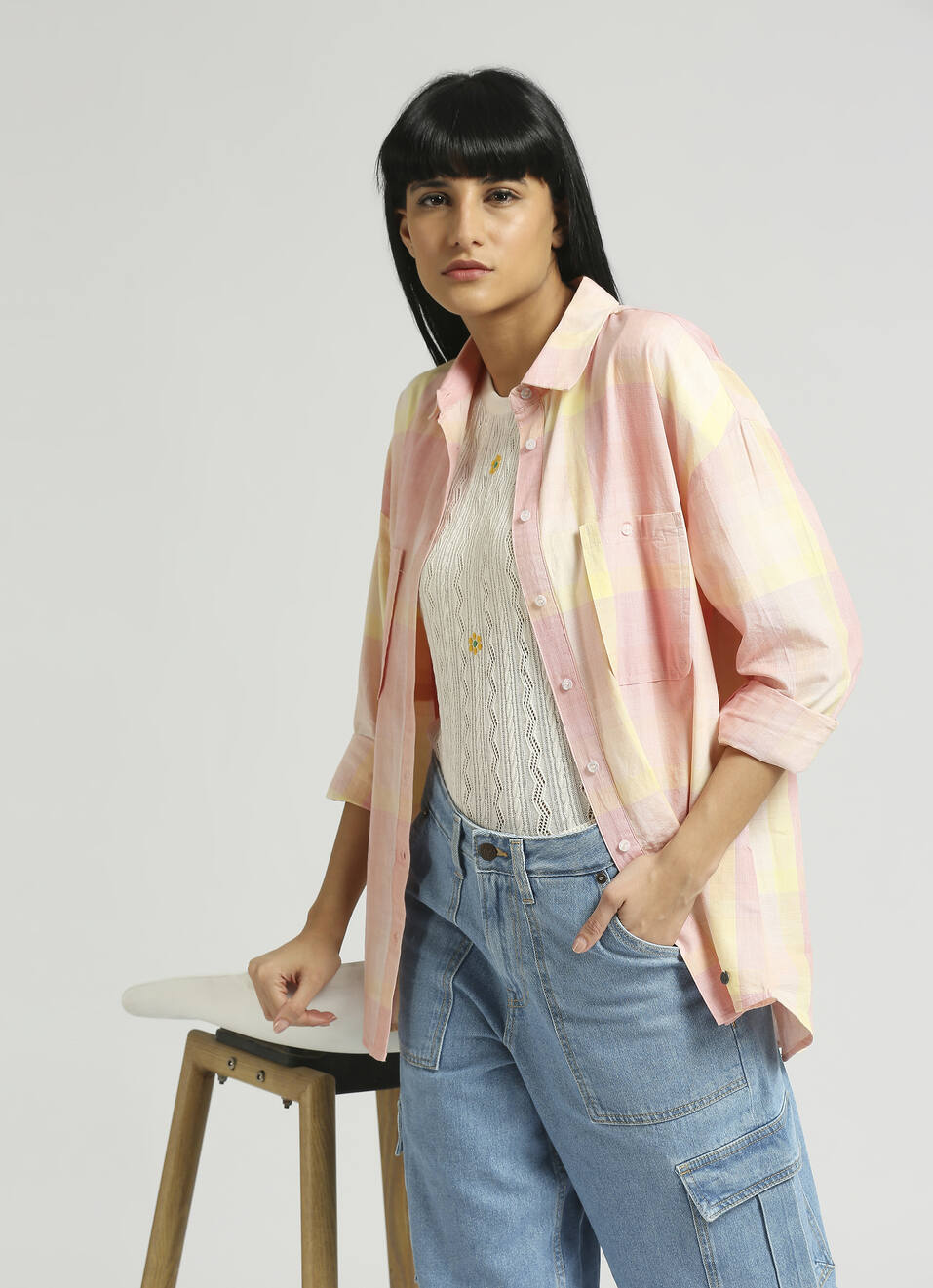 Pink Broad Checks Extended Shoulder Oversized Shirt, , large image number 0