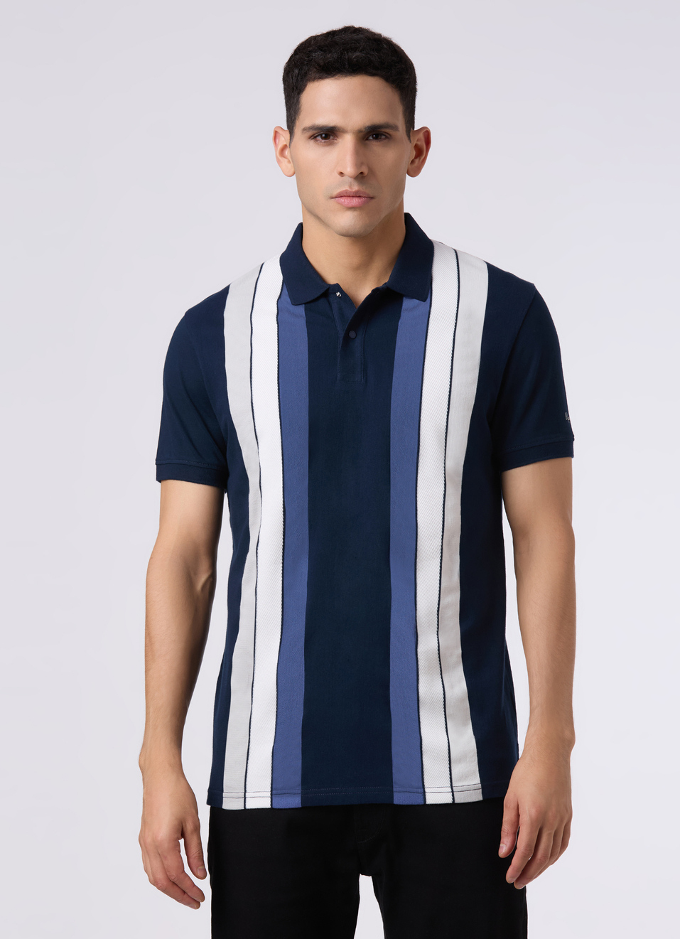 Men Navy Regular Fit Striped Polo, , large image number 1