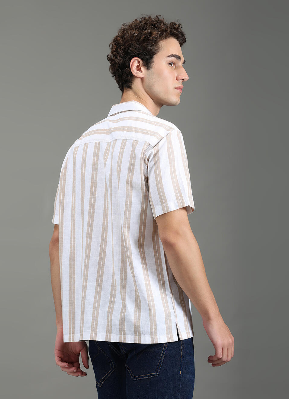 Men Beige Striped Resort Collar Shirt, , large image number 6