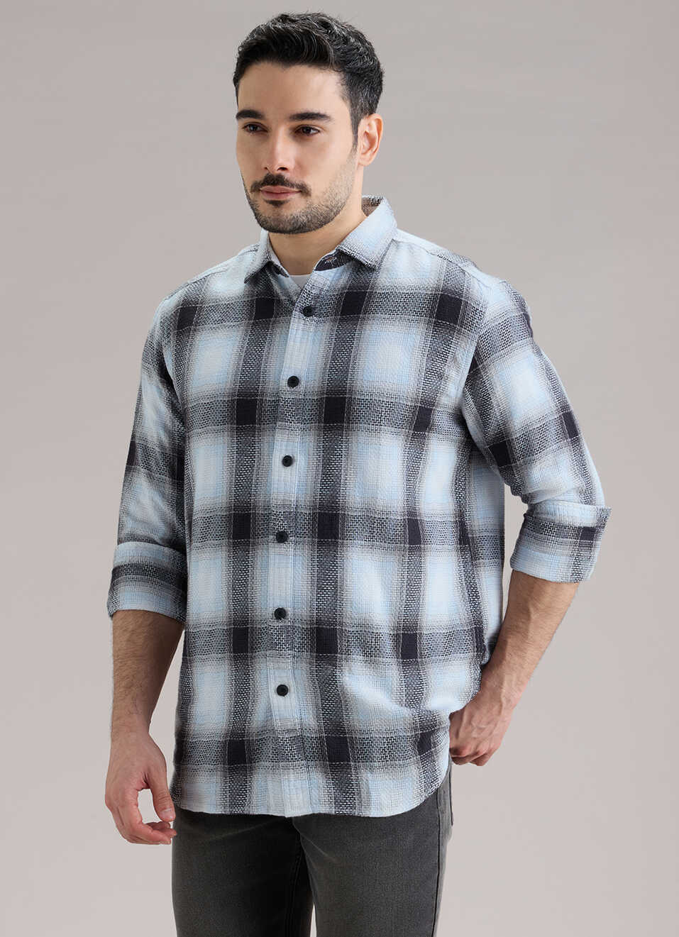 Men White Checked Dobby Long Sleeve Shirt, , large image number 3
