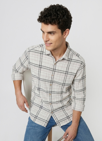 Men Beige Checked Dobby Long Sleeve Shirt