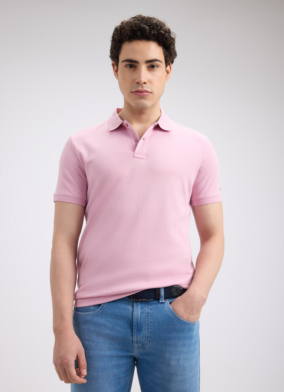 Men Peach Ribbed Collar Short Sleeve Polo, , large image number 0