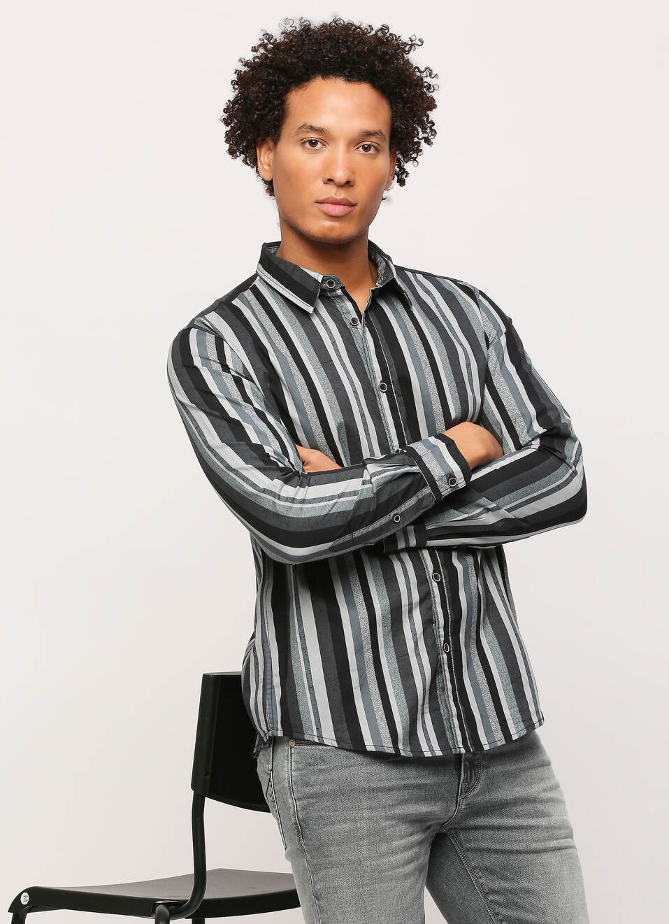 Grey Striped Full Slevee Shirt, , large image number 0