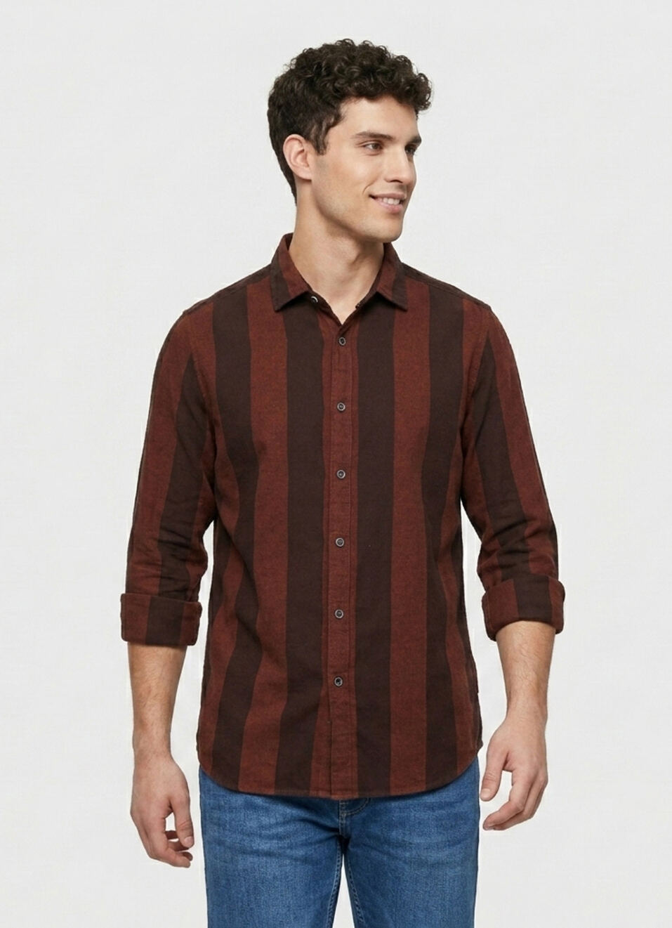 Men Wine Striped Brushed Long Sleeve Shirt, , large image number 1