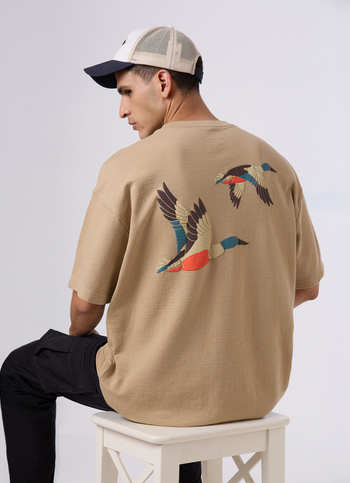 Men Oversized Beige Graphic Back Print T-shirt