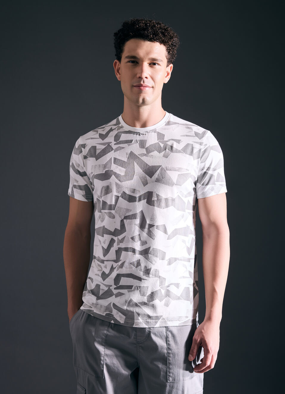 Men Ecru Abstract Print Short Sleeve Stretch T-shirt, , large image number 1