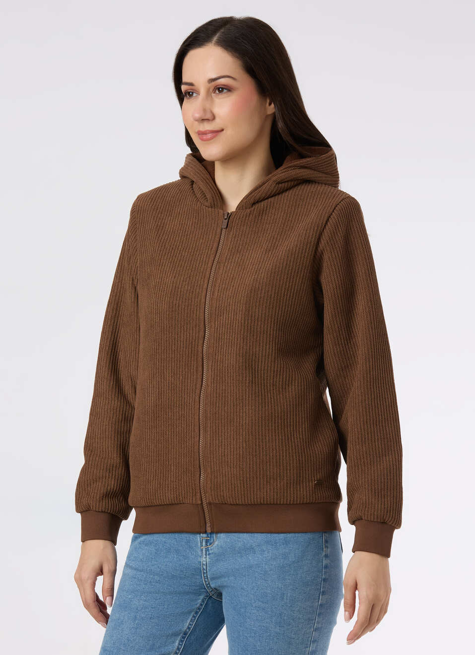 Women Brown Textured Hooded Zip Up Jacket, , large image number 3