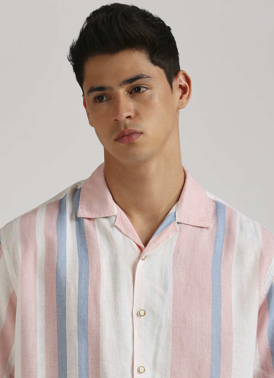 Pink Stripes Resort Collar Linen Short Sleeve Shirt, , large image number 4