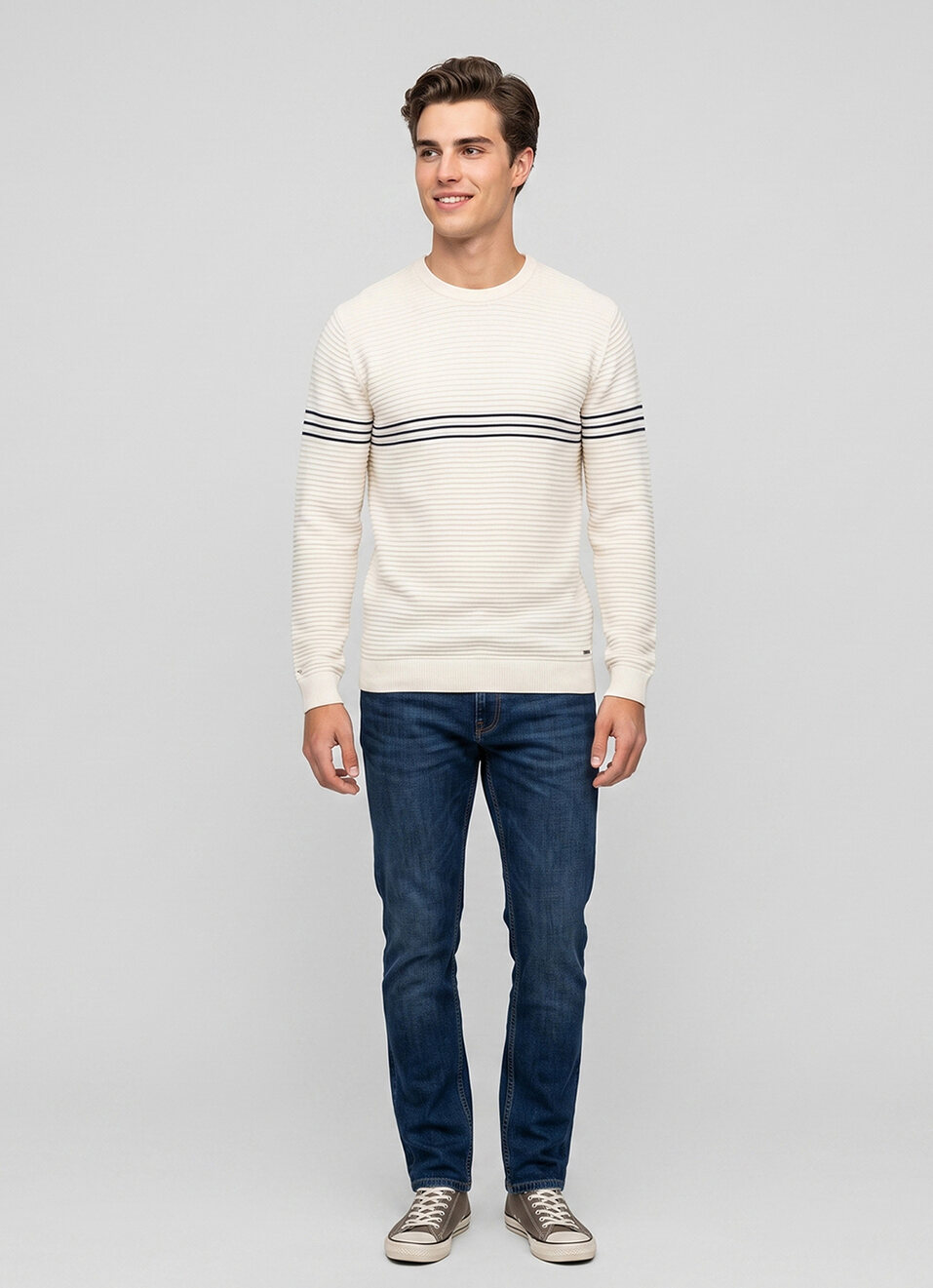 Men White Striped Full Sleeve Flat Knit Sweater, , large image number 5