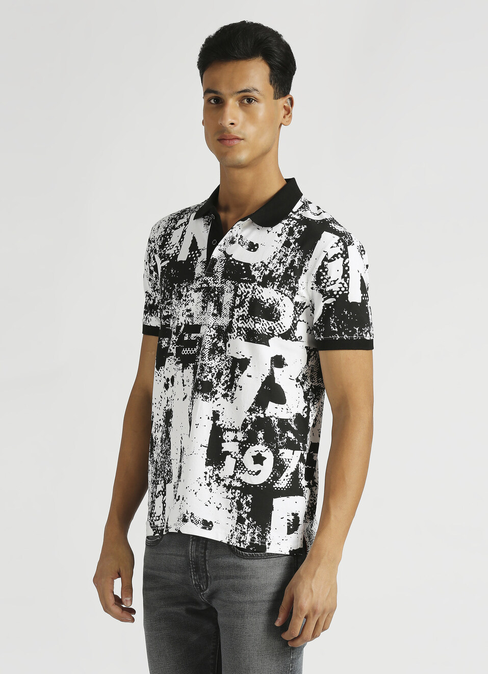 Black Typographic Print Stretch Short Sleeve Polo , , large image number 3