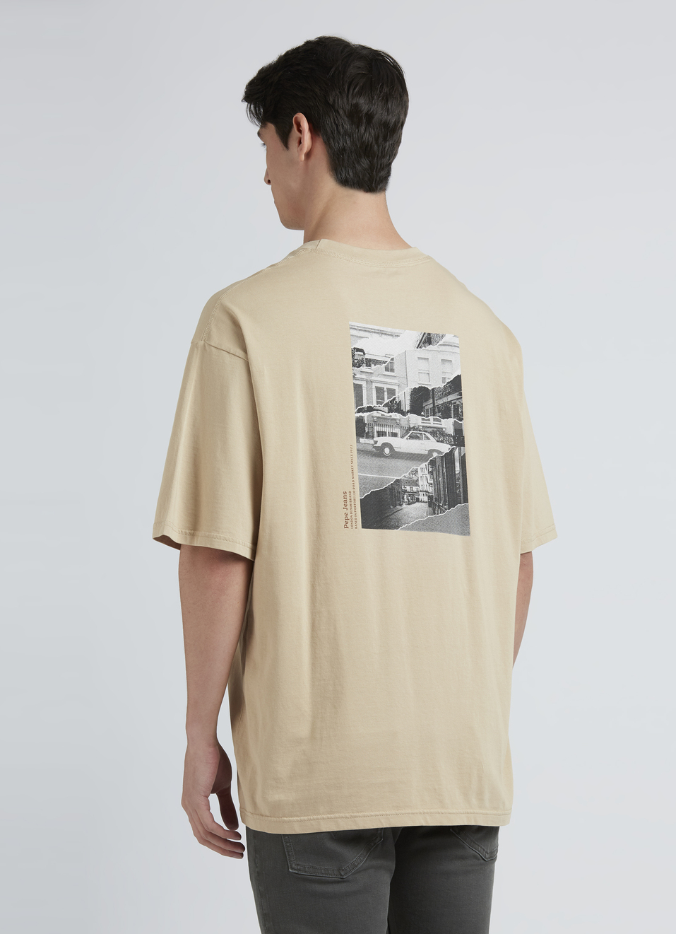 Beige Back Print Short-sleeve Oversized T-shirt, , large image number 2