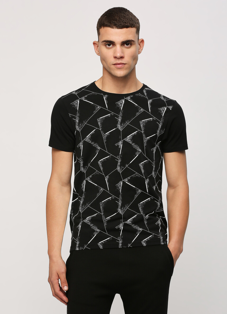 Black Geometric Print Short Sleeve T-shirt, , large image number 1