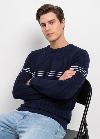 Men Blue Striped Full Sleeve Flat Knit Sweater