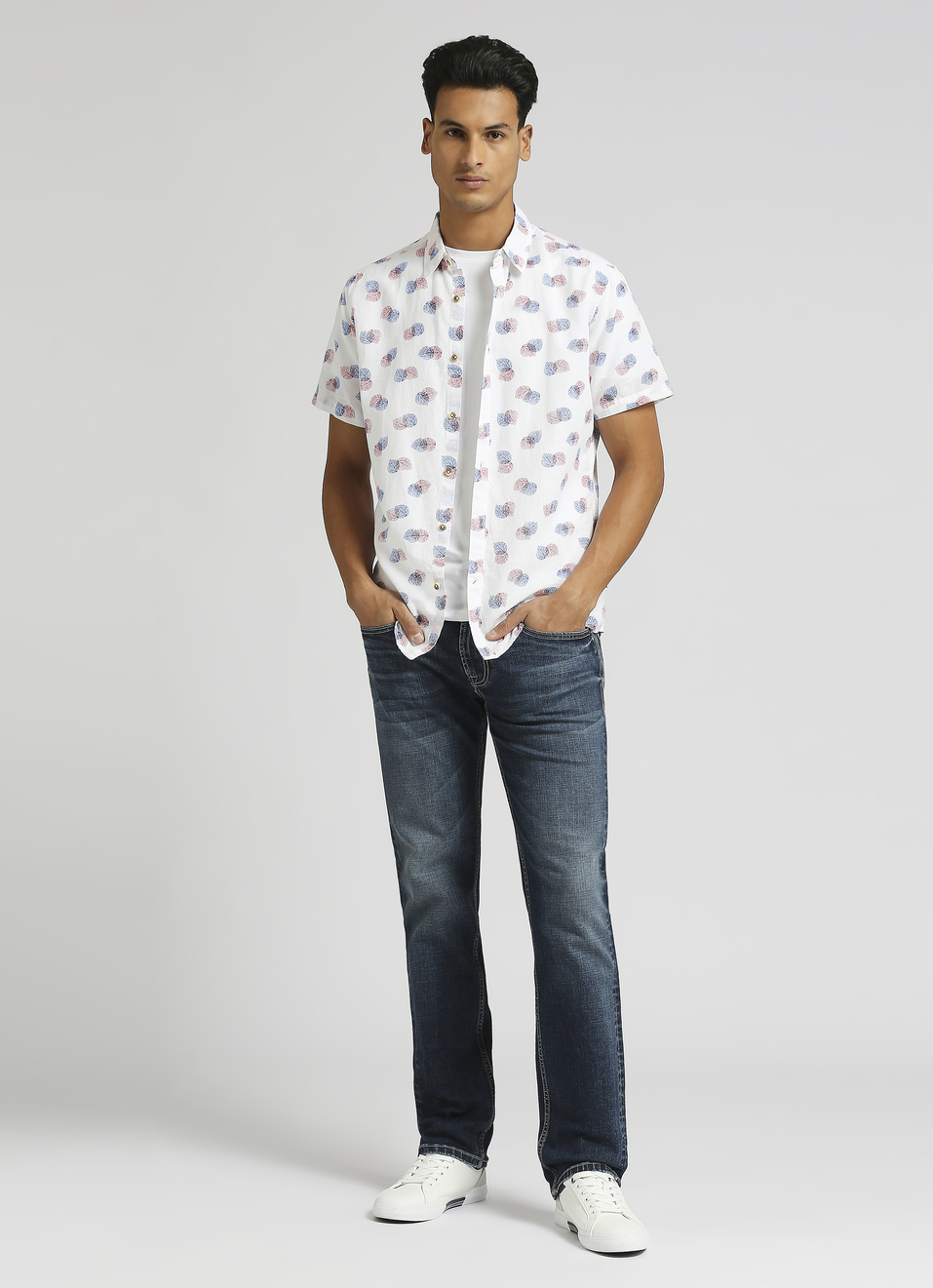 Sky Blue All Over Printed Linen Short Sleeve Shirt, , large image number 5