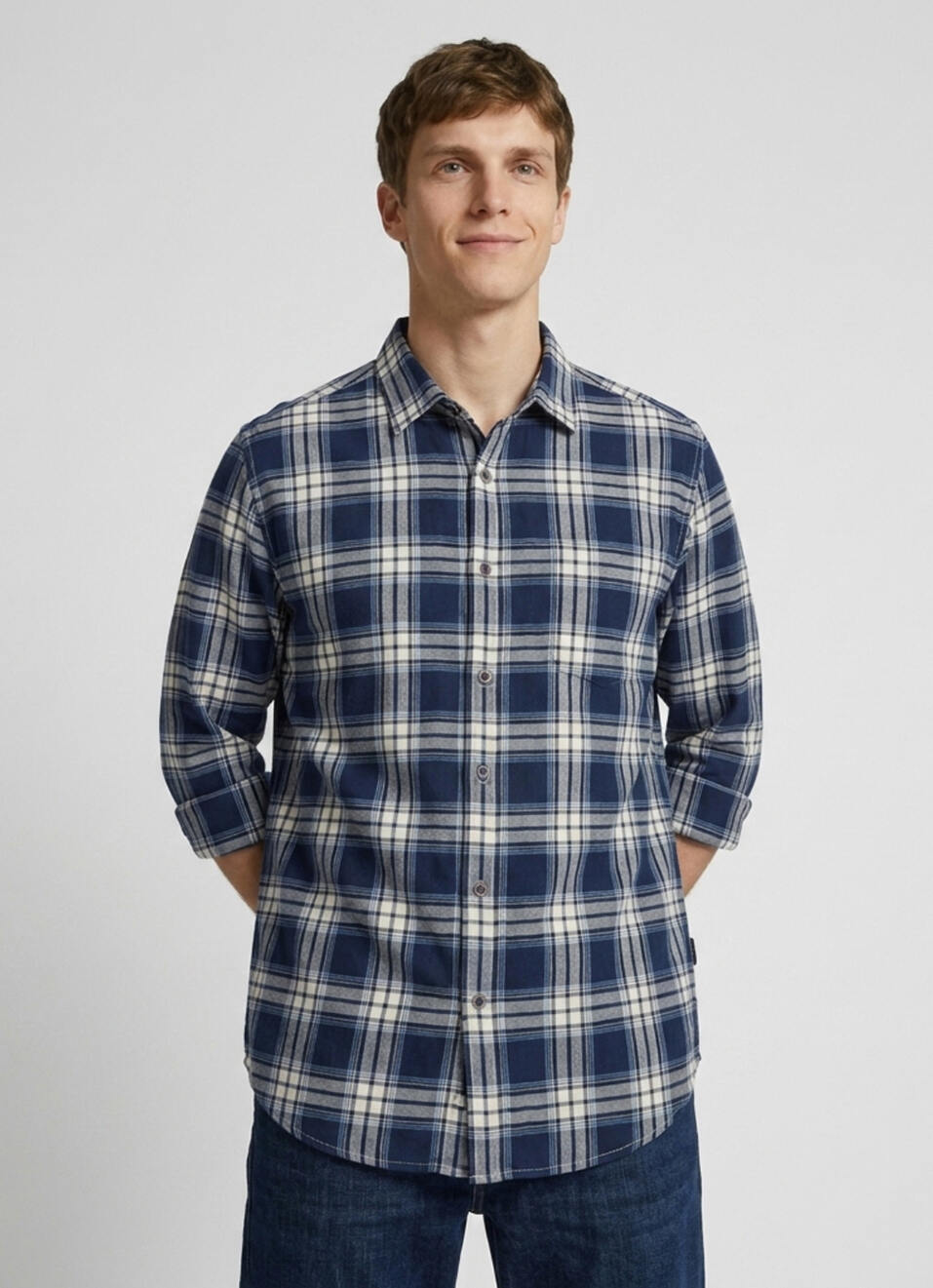 Men Blue Checked Herringbone Long Sleeve Shirt, , large image number 1