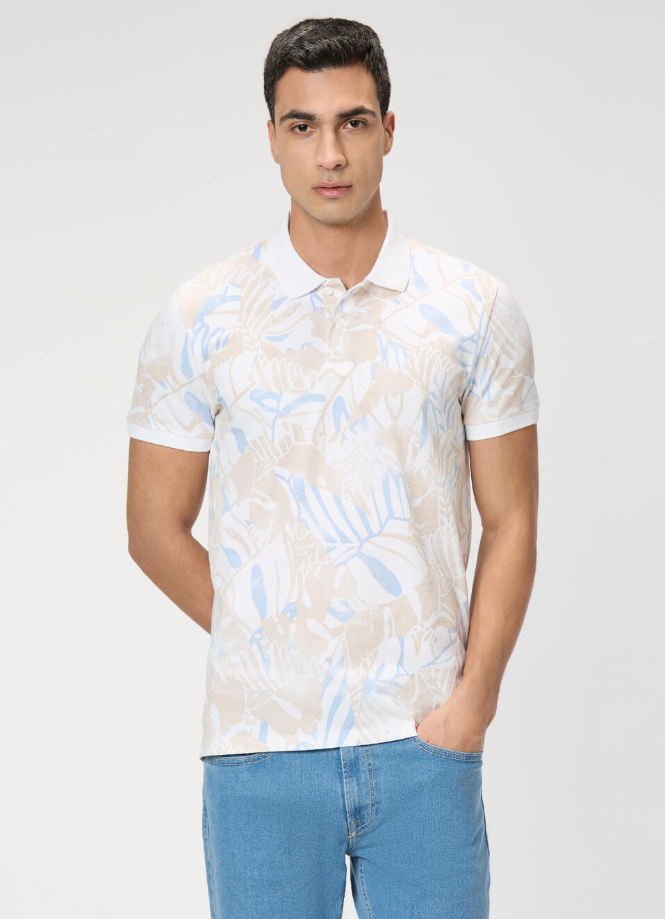 Men White Printed Polo Collar T-shirt, , large image number 0