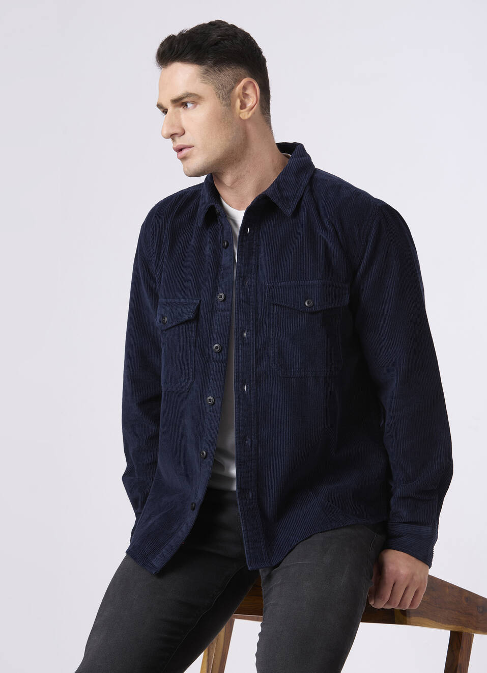 Men Navy Corduroy Oversized Shirt With Flap Pocket, , large image number 0