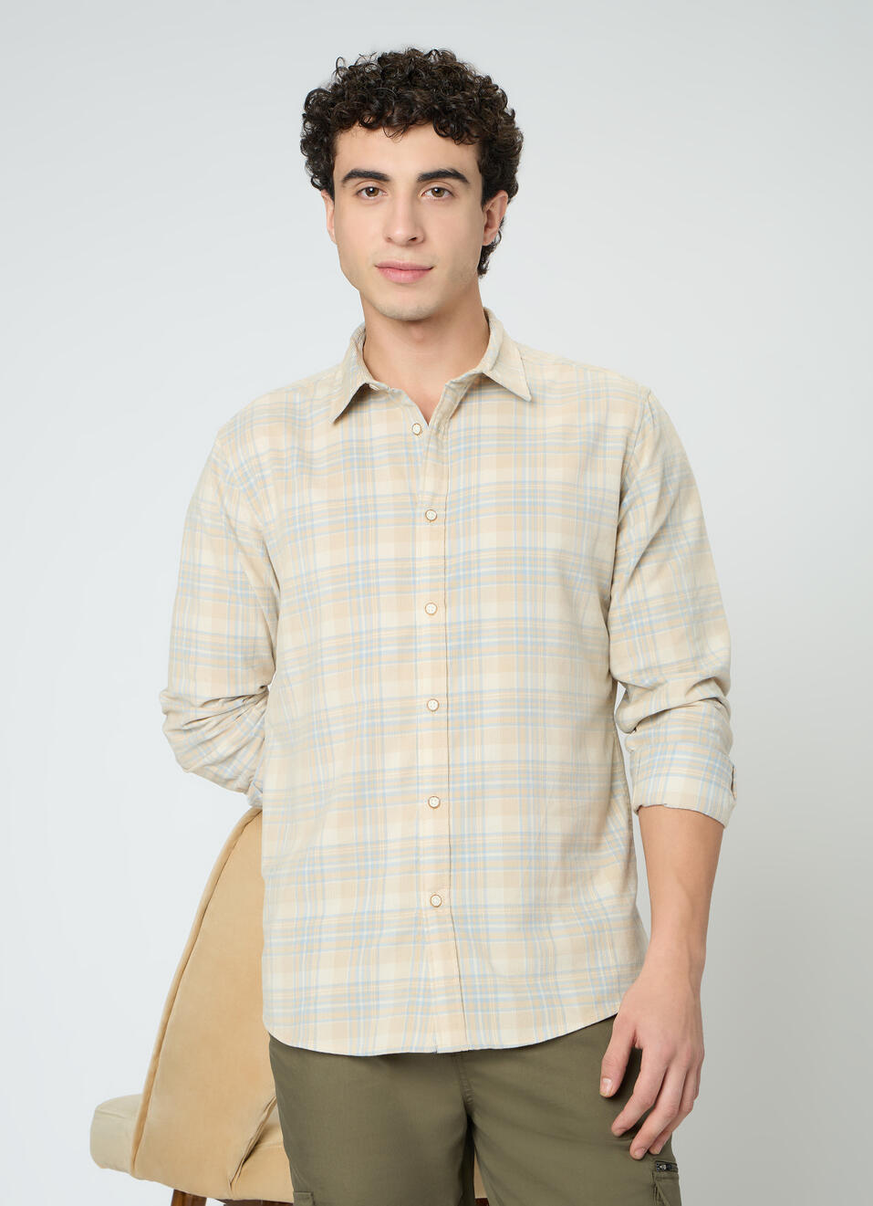Men Beige Check Full Sleeve Shirt, , large image number 0