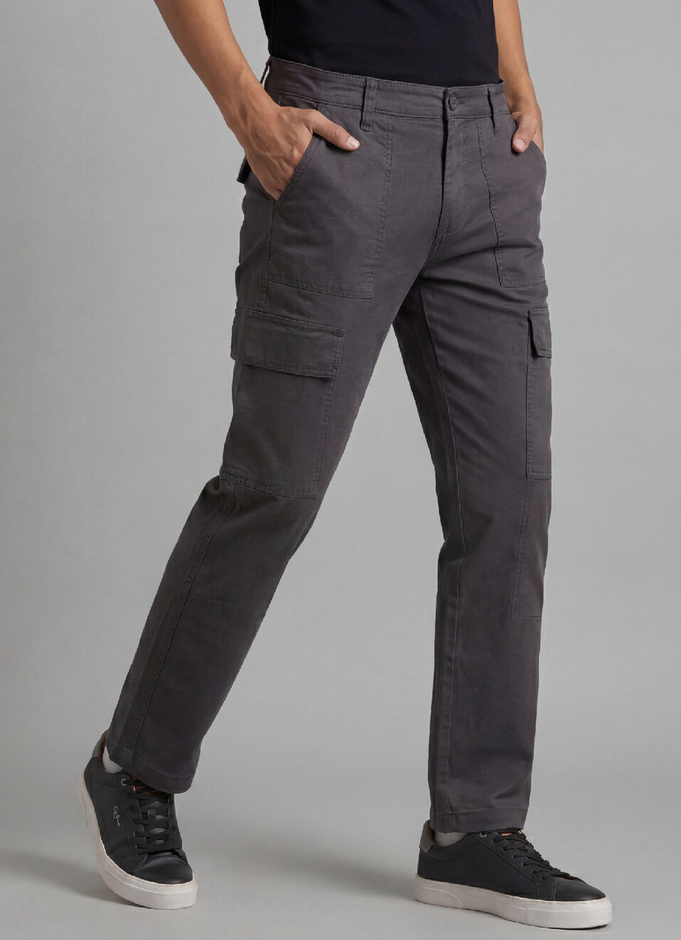 Men Grey Mid Rise Straight Fit Cargo Pant, , large image number 0