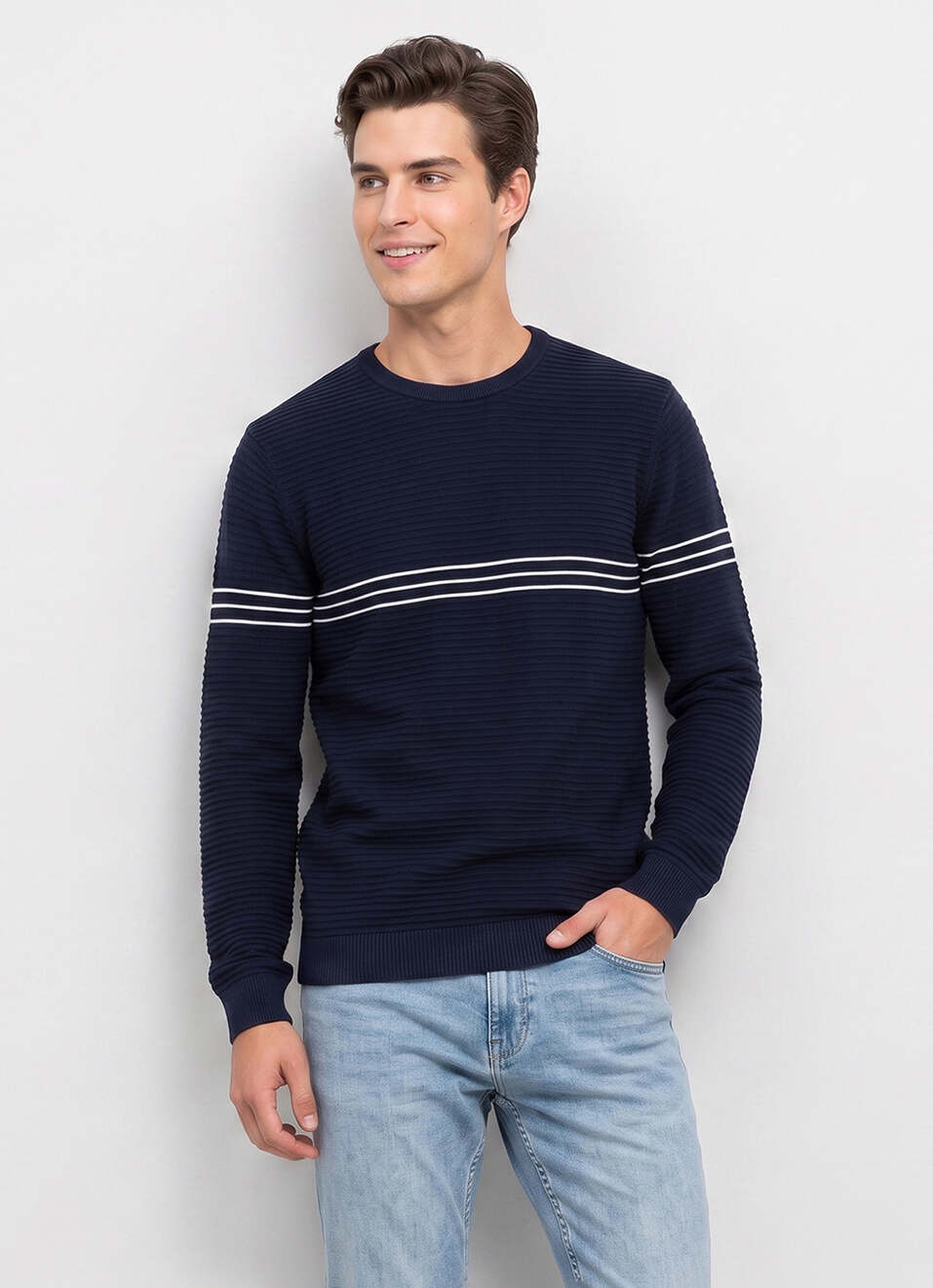 Men Blue Striped Full Sleeve Flat Knit Sweater, , large image number 1