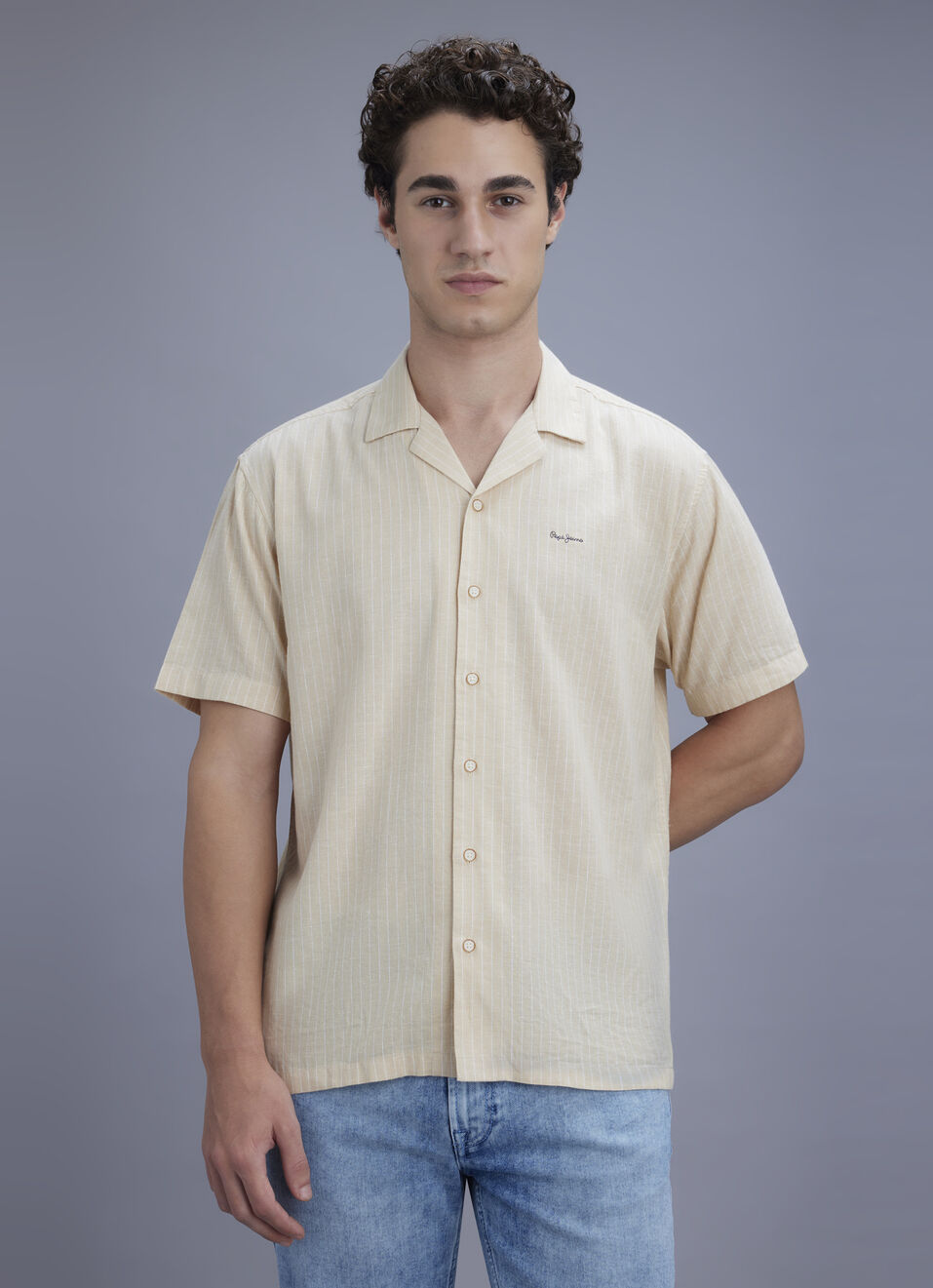 Men Beige Striped Resort Collar Shirt, , large image number 5