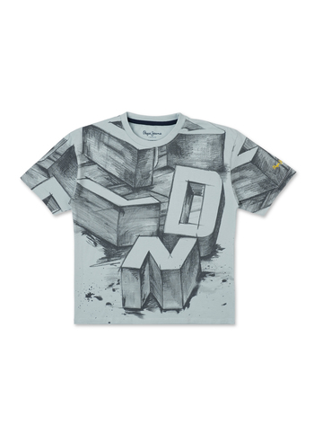 Boys Sea Blue Chalkboard Inspired Print Short Sleeve T-shirt