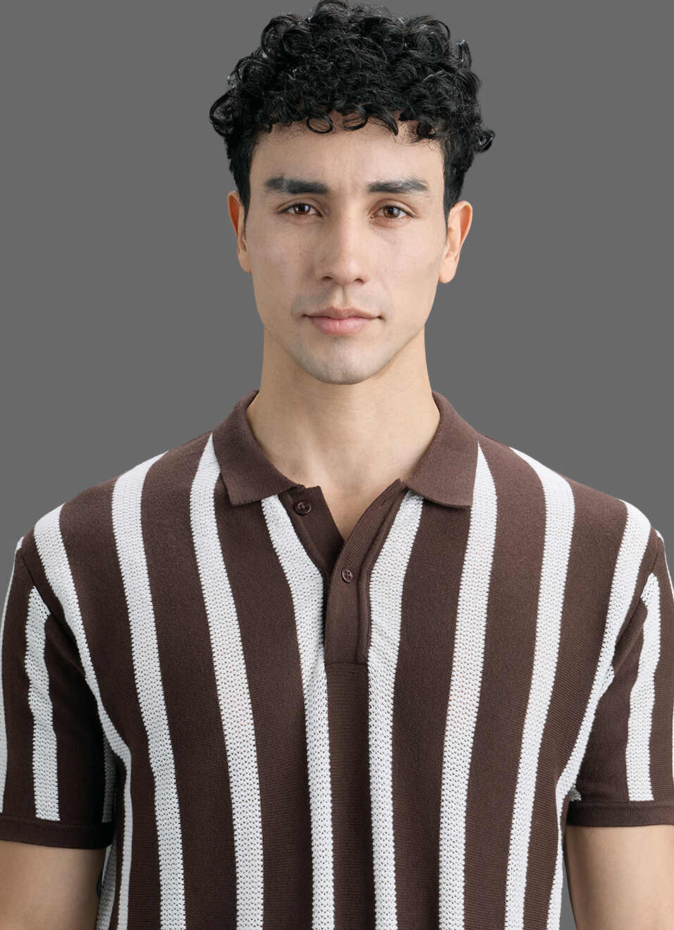 Men Brown Striped Flat Knit Polo Collar T-shirt, , large image number 4
