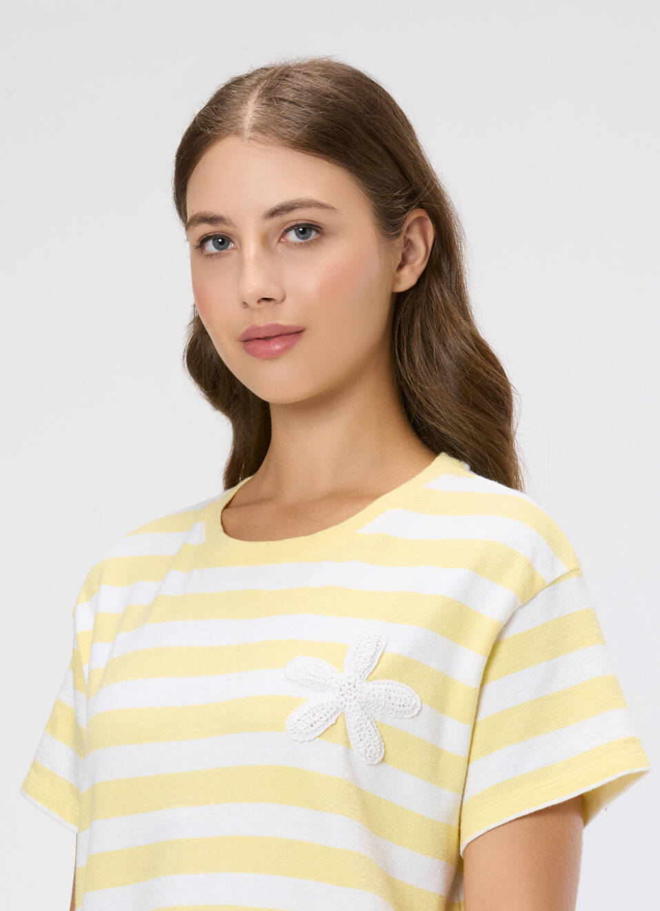 Women Yellow Striped Crochet Patch T-shirt, , large image number 4