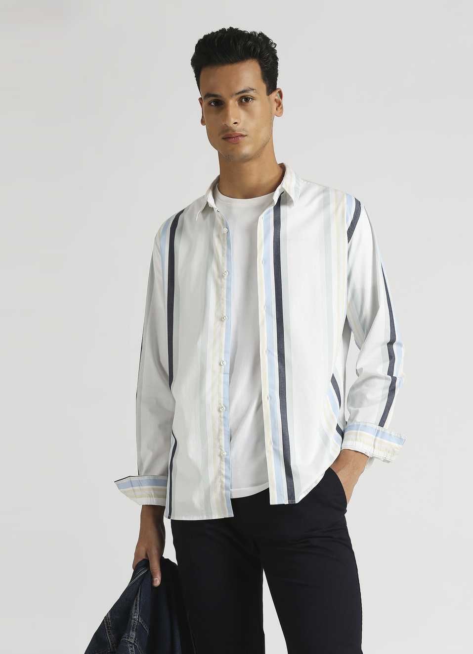 White Yarn Dyed Stripes Premium Stretch Long Sleeve Shirt, , large image number 0