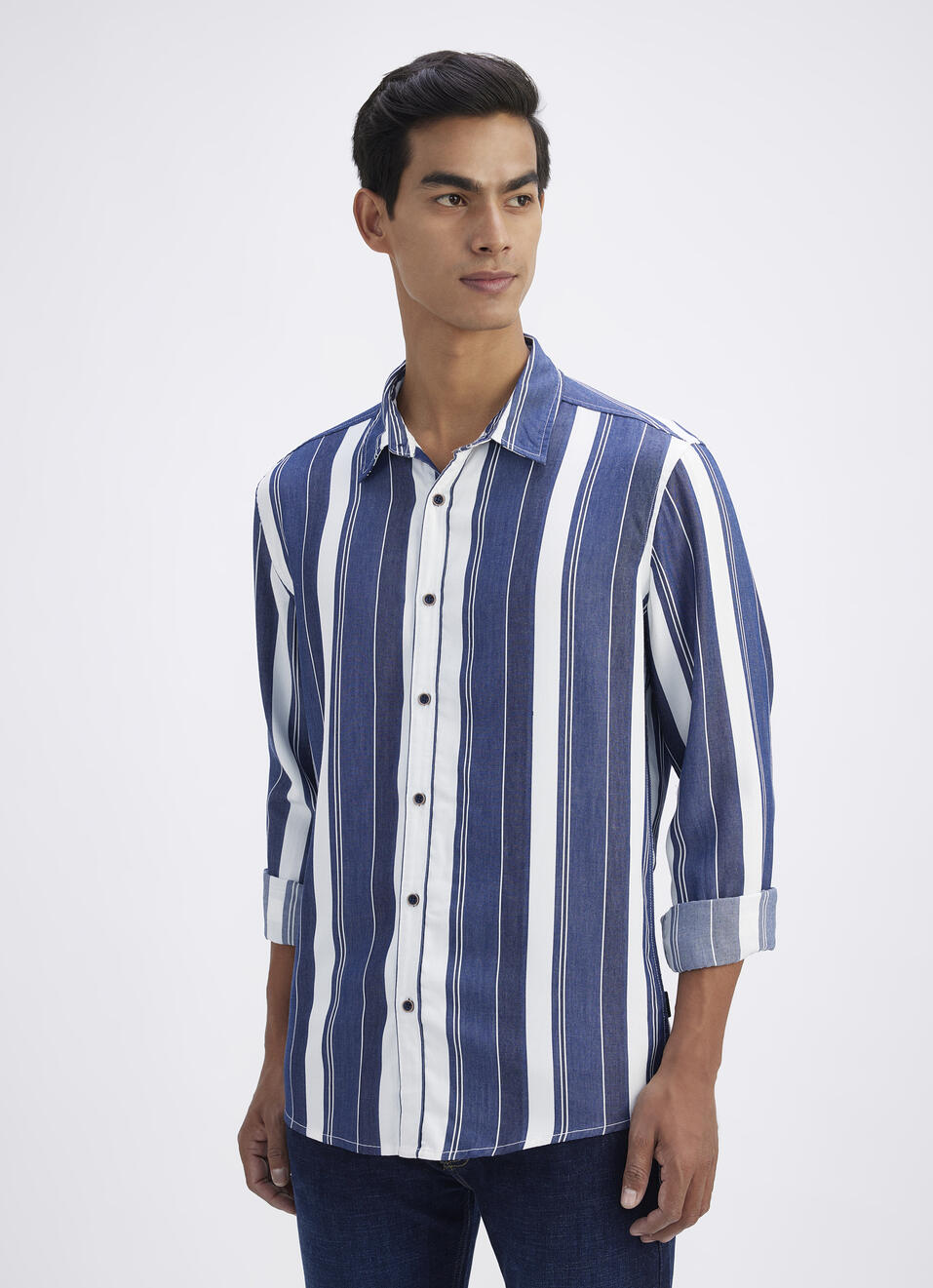 Men Navy & White Bold Striped Cotton Shirt, , large image number 3