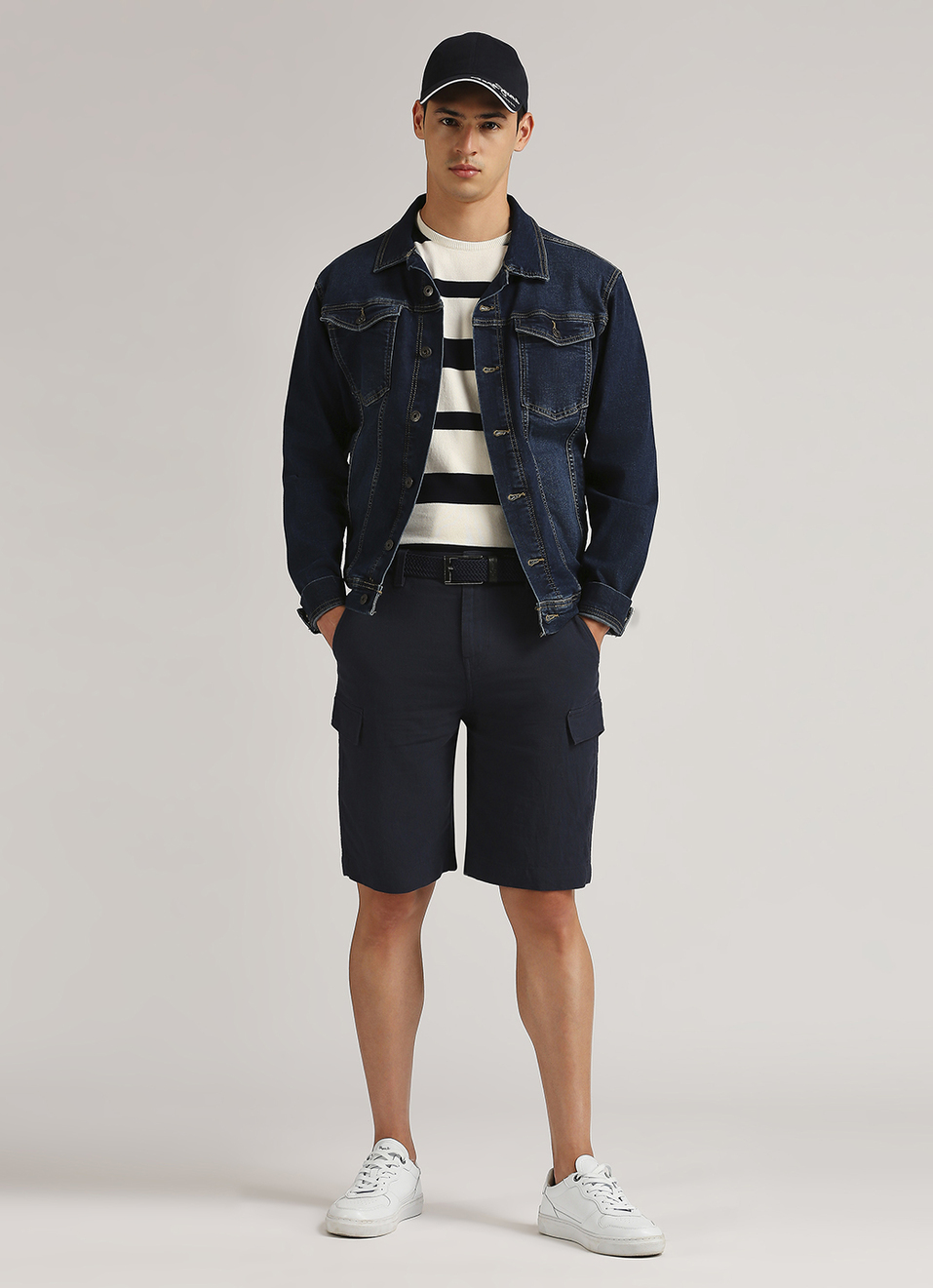 Navy Back Welt Pockets Linen Cargo Shorts, , large image number 3