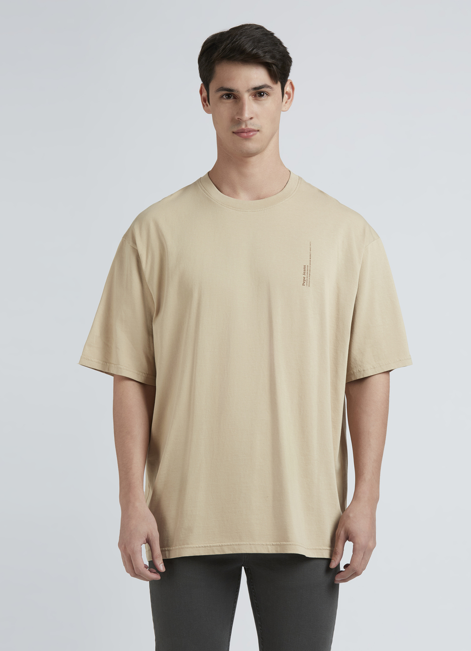 Beige Back Print Short-sleeve Oversized T-shirt, , large image number 1