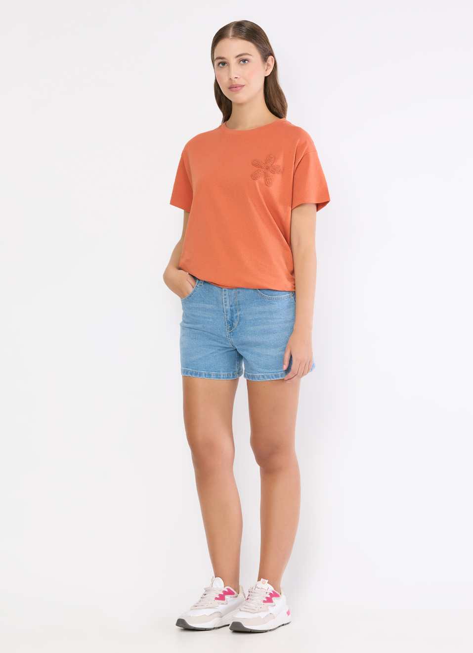 Women Orange Crochet Patch T-shirt, , large image number 5
