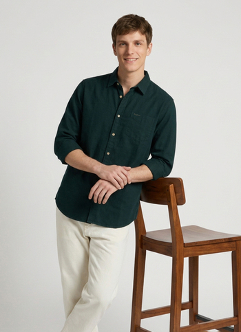 Men Dark Green Solid Oxford Long Sleeve Shirt