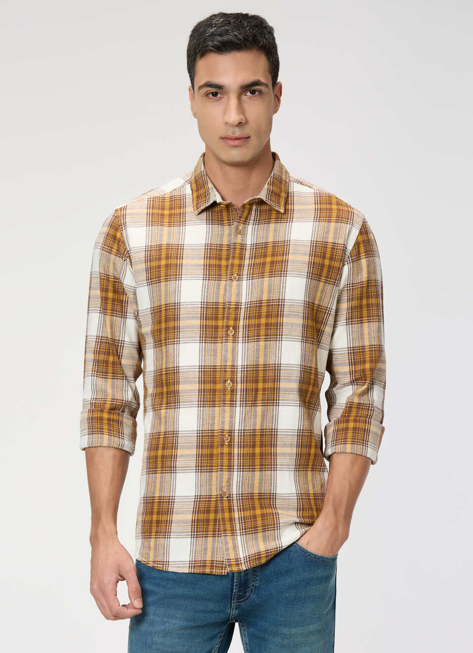 Men Brown Checked Shirt, , large image number 1