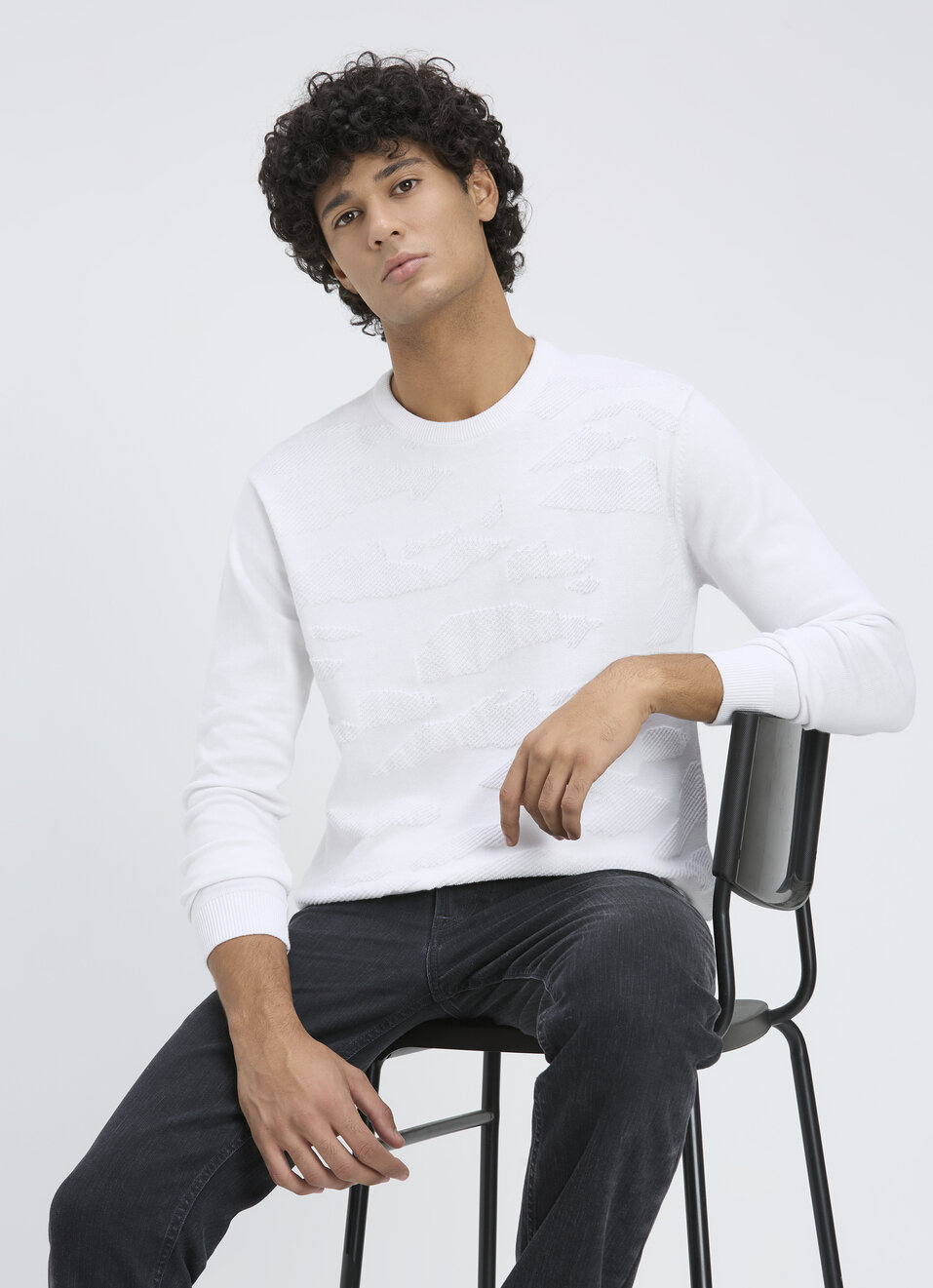 Men White Self Structure Full Sleeve Flat Knit Sweater, , large image number 0