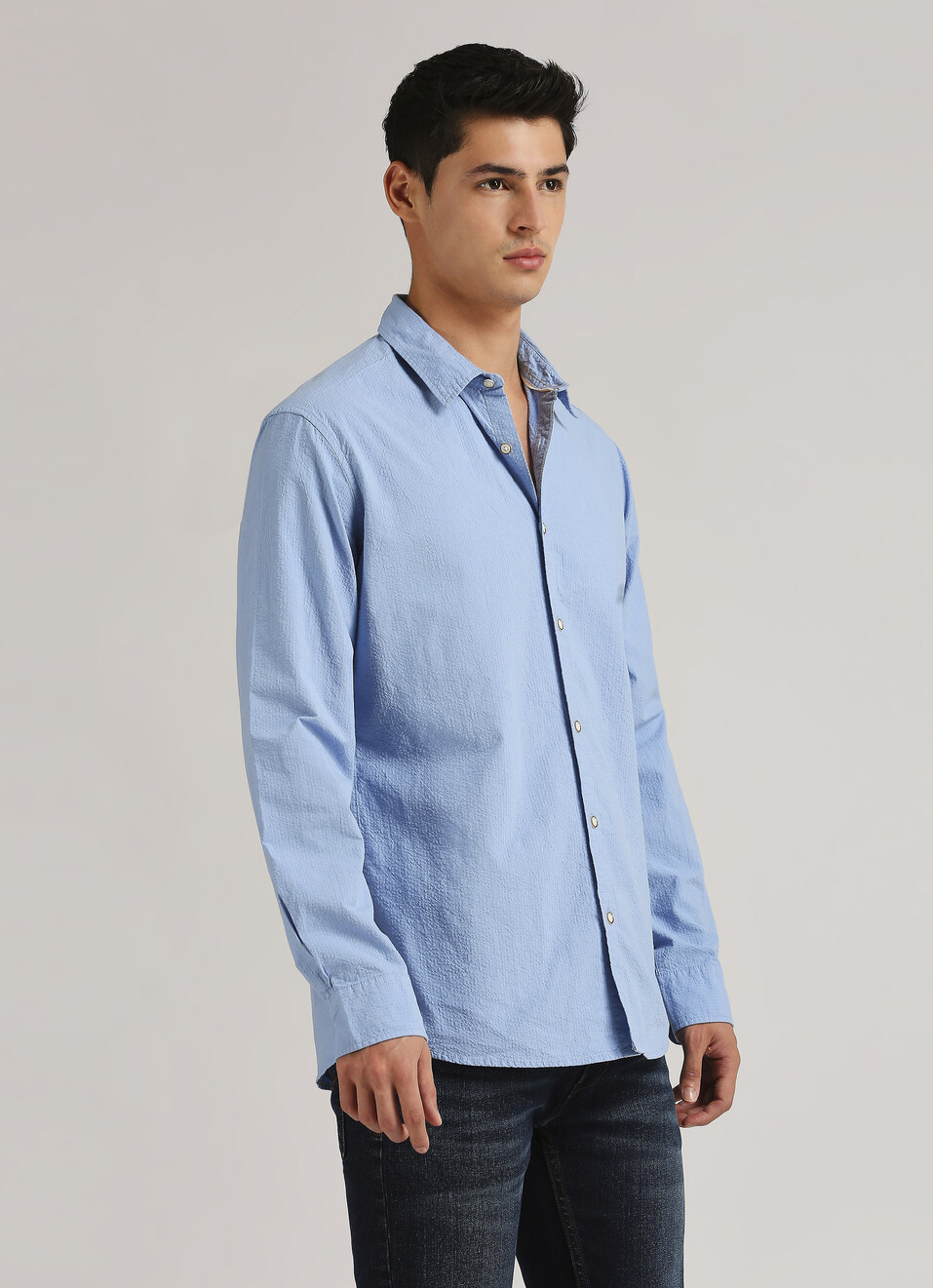 Blue Seersucker Narrow Stripes Long Sleeve Shirt, , large image number 3