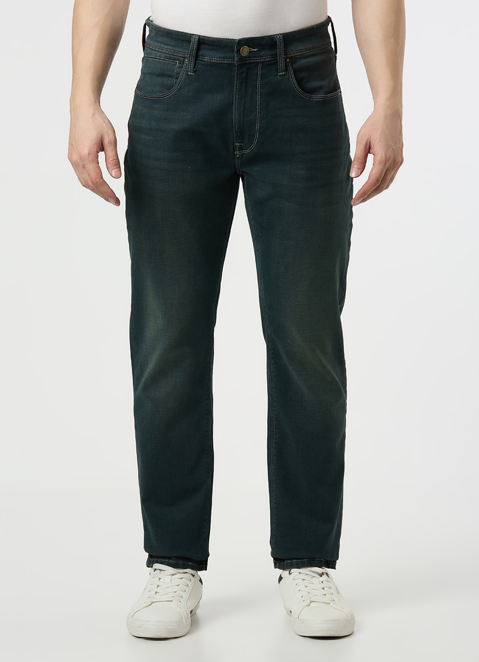 Men Green Mid Rise Straight Fit Textured Jeans, , large image number 2